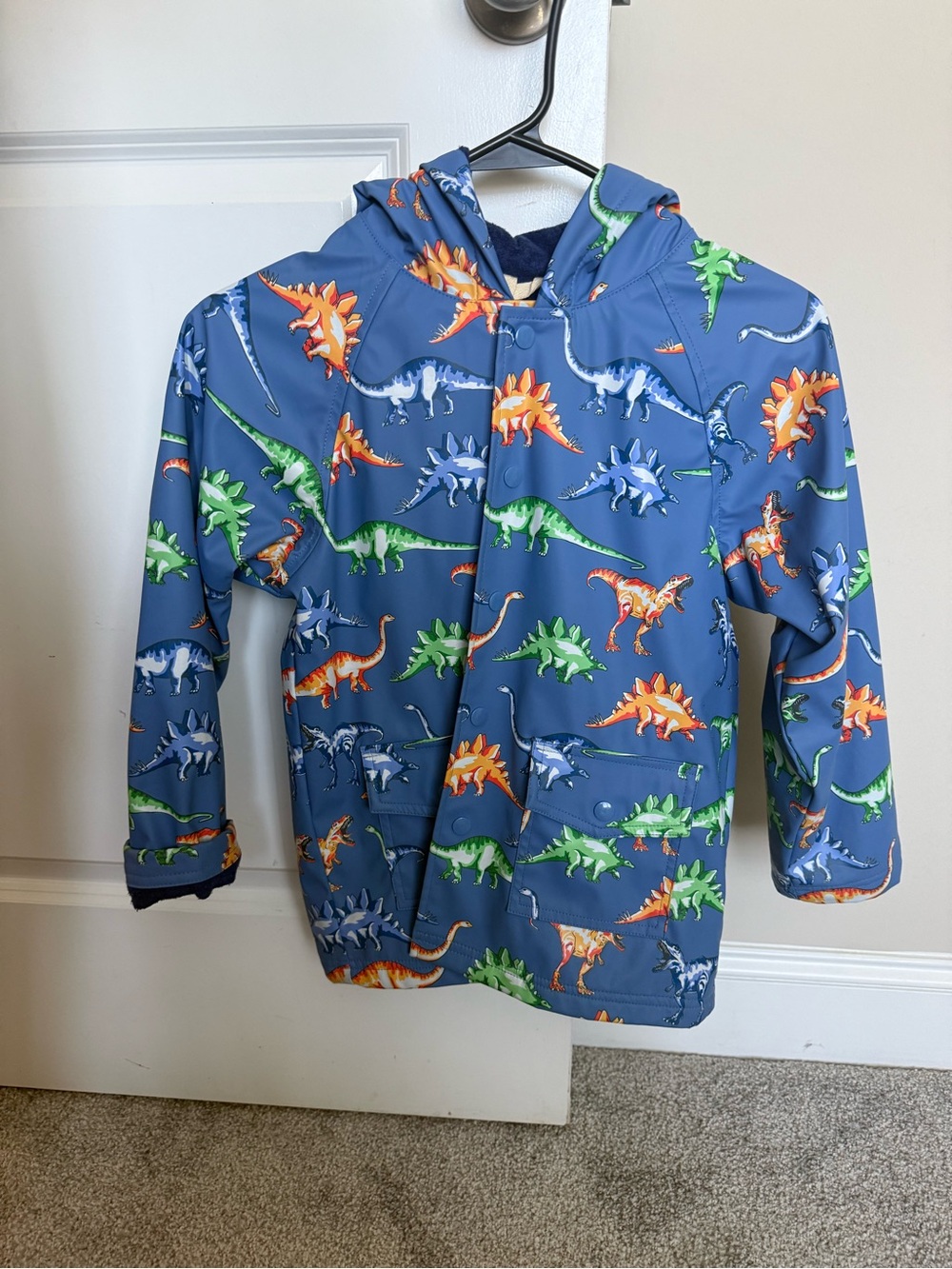 Kids' Blue Pottery Barn Dino Raincoat with Green & Orange Dinosaurs